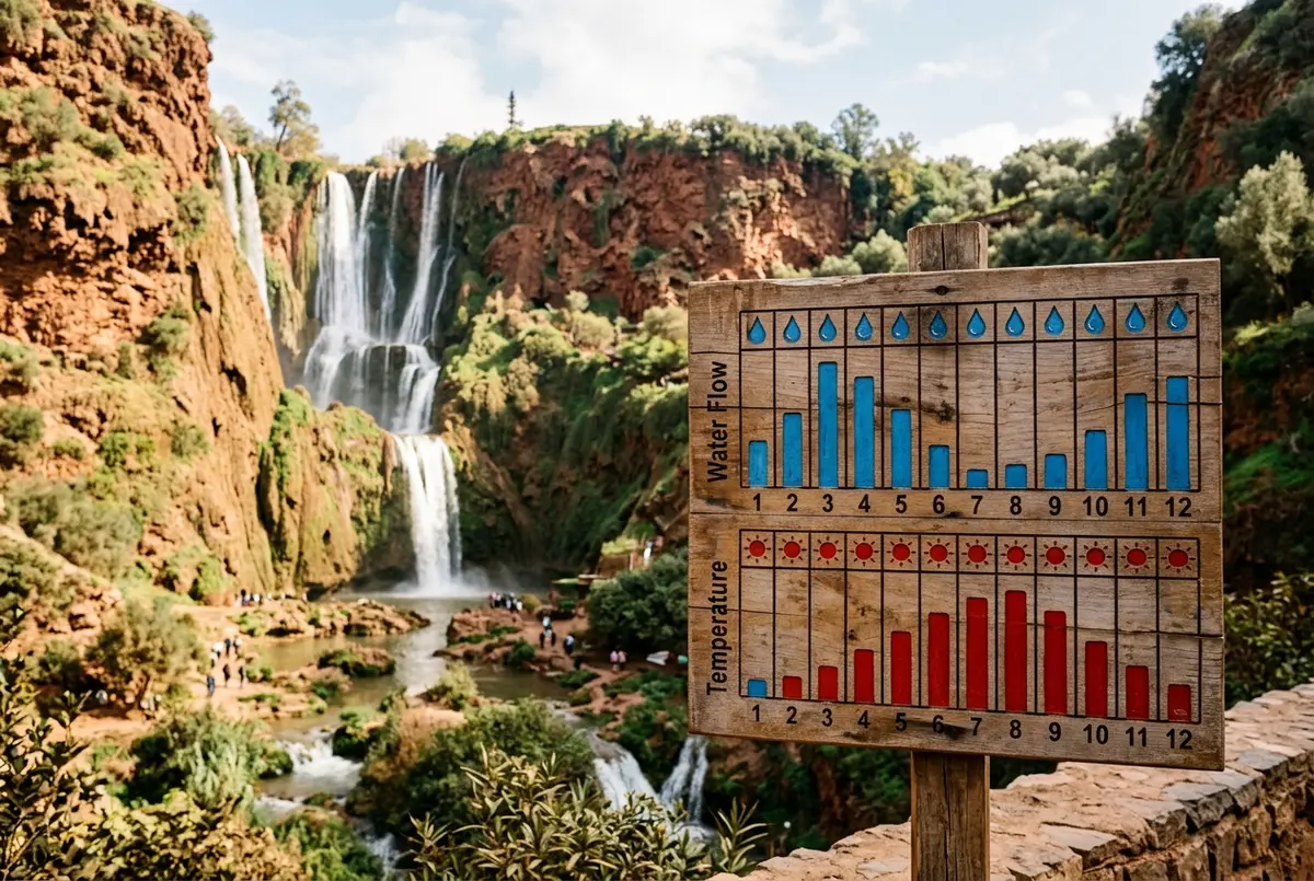 Simple month by month climate chart of ouzoud waterfalls water flow and temperature across the year with generic labels and icons only