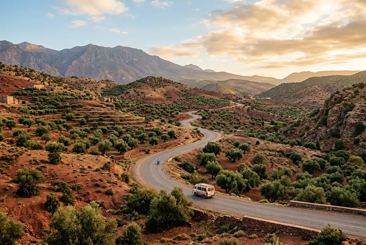 Winding mountain road through olive groves and red earth foothills on the drive from Marrakech to Ouzoud Waterfalls, morning light