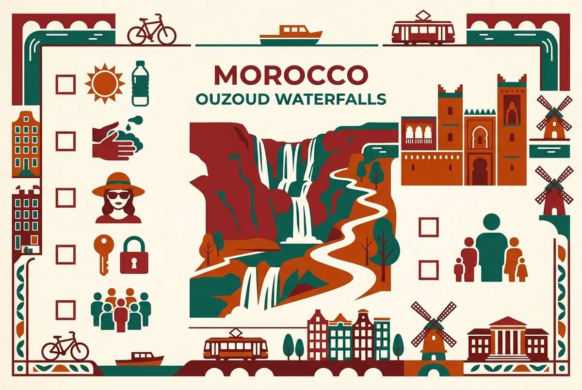 Simple checklist style infographic of practical safety tips for visiting morocco and the ouzoud waterfalls trail with generic icons only