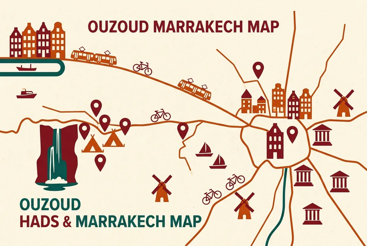 Simple map infographic showing the small cluster of riads and campsites near Ouzoud Waterfalls compared against the distance back to central Marrakech, generic pin icons only