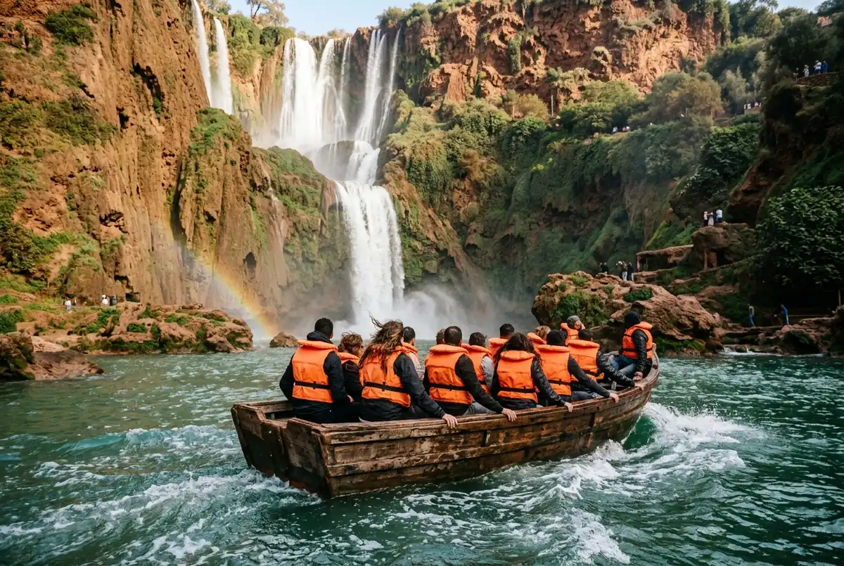 Traditional wooden boat with passengers in life jackets crossing the plunge pool at the base of Ouzoud Waterfalls, spray rising and a faint rainbow in the mist
