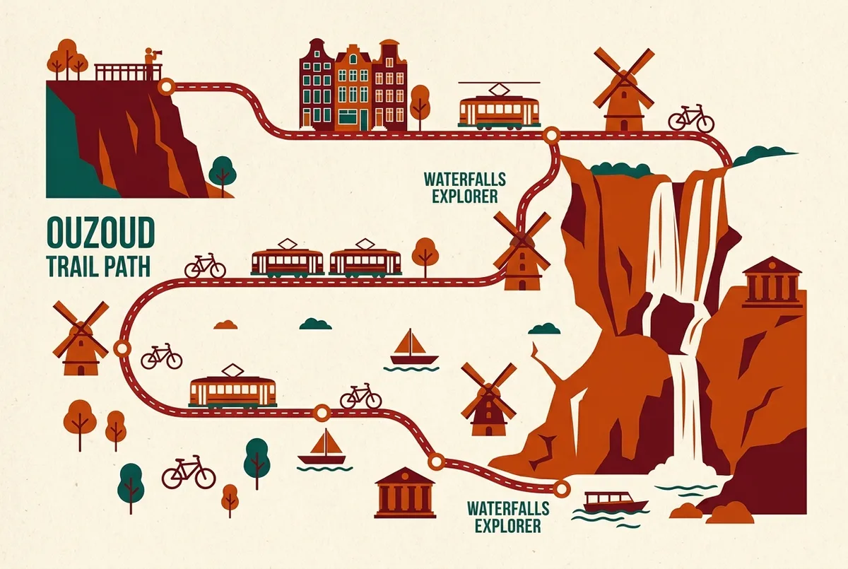 Simple labeled diagram showing the Ouzoud Waterfalls trail route from the clifftop viewpoint down to the boat launch point at the base of the falls, generic icons only