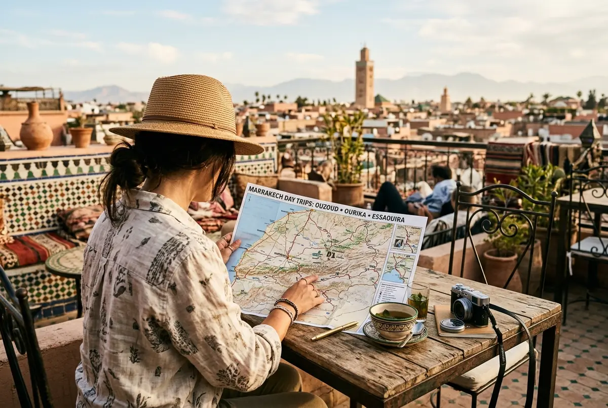 Traveler looking at a paper map of Marrakech day trip routes to Ouzoud Waterfalls, Ourika Valley and Essaouira spread across a riad rooftop table