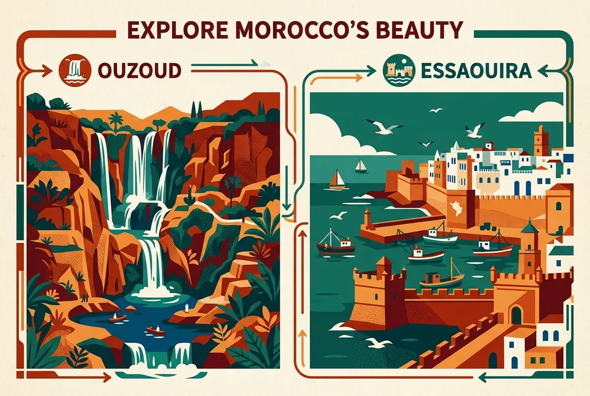 Simple comparison infographic contrasting a waterfall icon labeled Ouzoud against a coastal town icon labeled Essaouira, generic route lines only