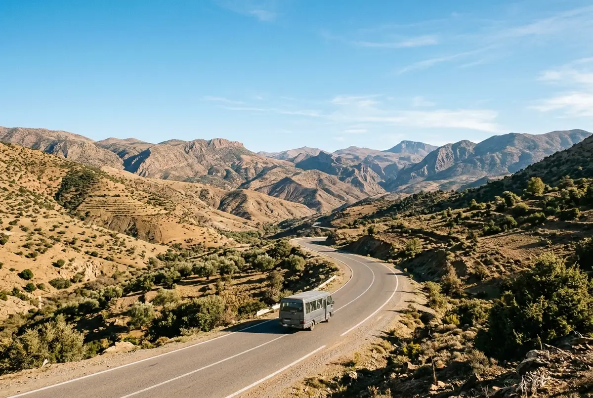 Carretera larga y solitaria del Atlas Medio marroqui bajo un cielo despejado sugiriendo el largo trayecto entre Fez y las cascadas de Ouzoud
