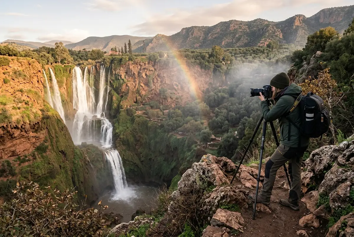 Photographer framing a shot of ouzoud waterfalls from a clifftop viewpoint with morning mist and a soft rainbow visible over the tiered falls