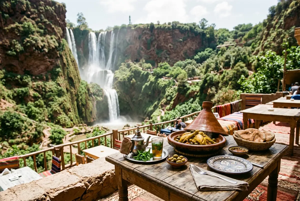 Terrace restaurant table set with a tagine and mint tea overlooking the cascading Ouzoud Waterfalls, midday light and mist rising in the background