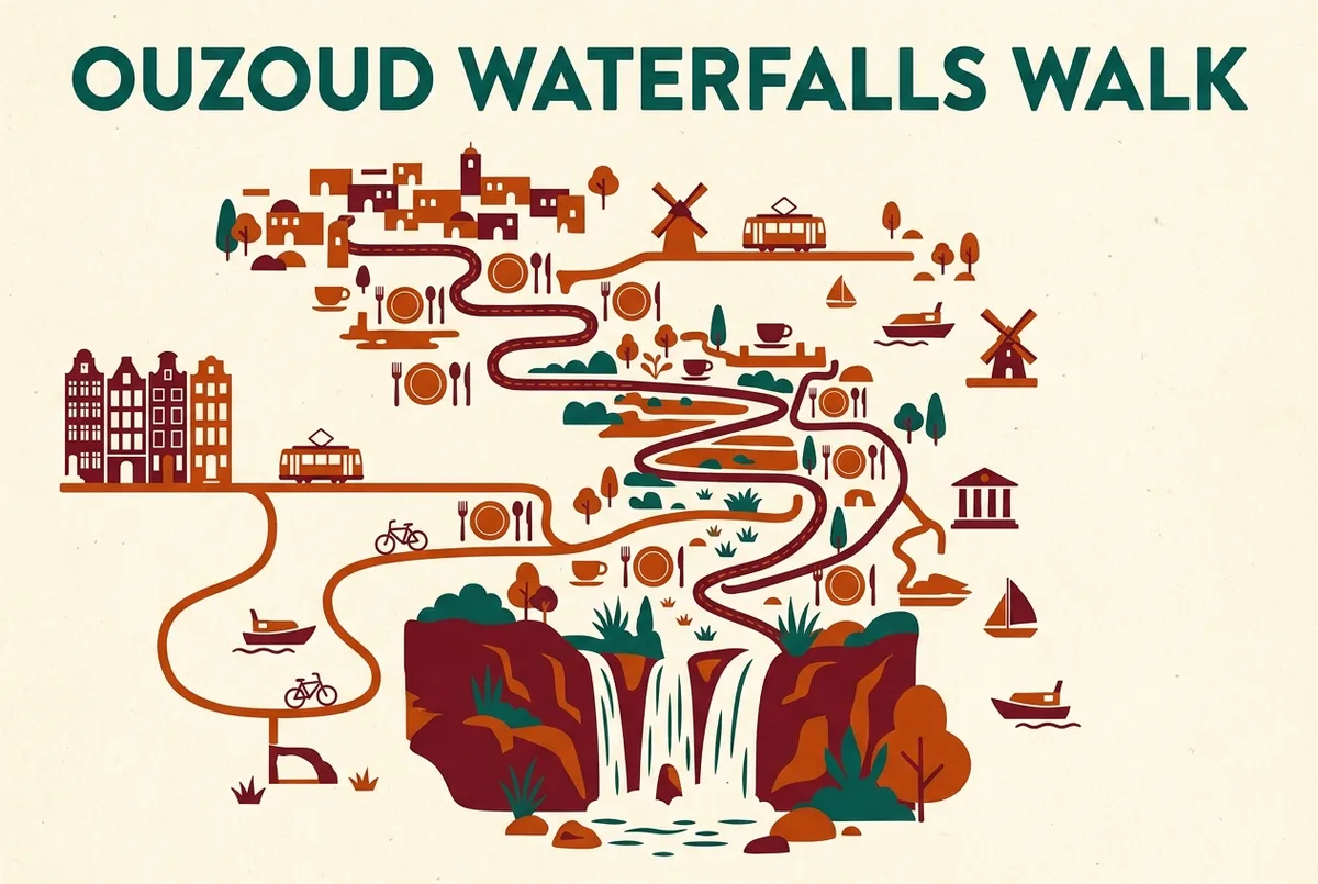 Simple labeled trail map infographic marking terrace restaurant and cafe locations along the walk down to Ouzoud Waterfalls, generic food icons only
