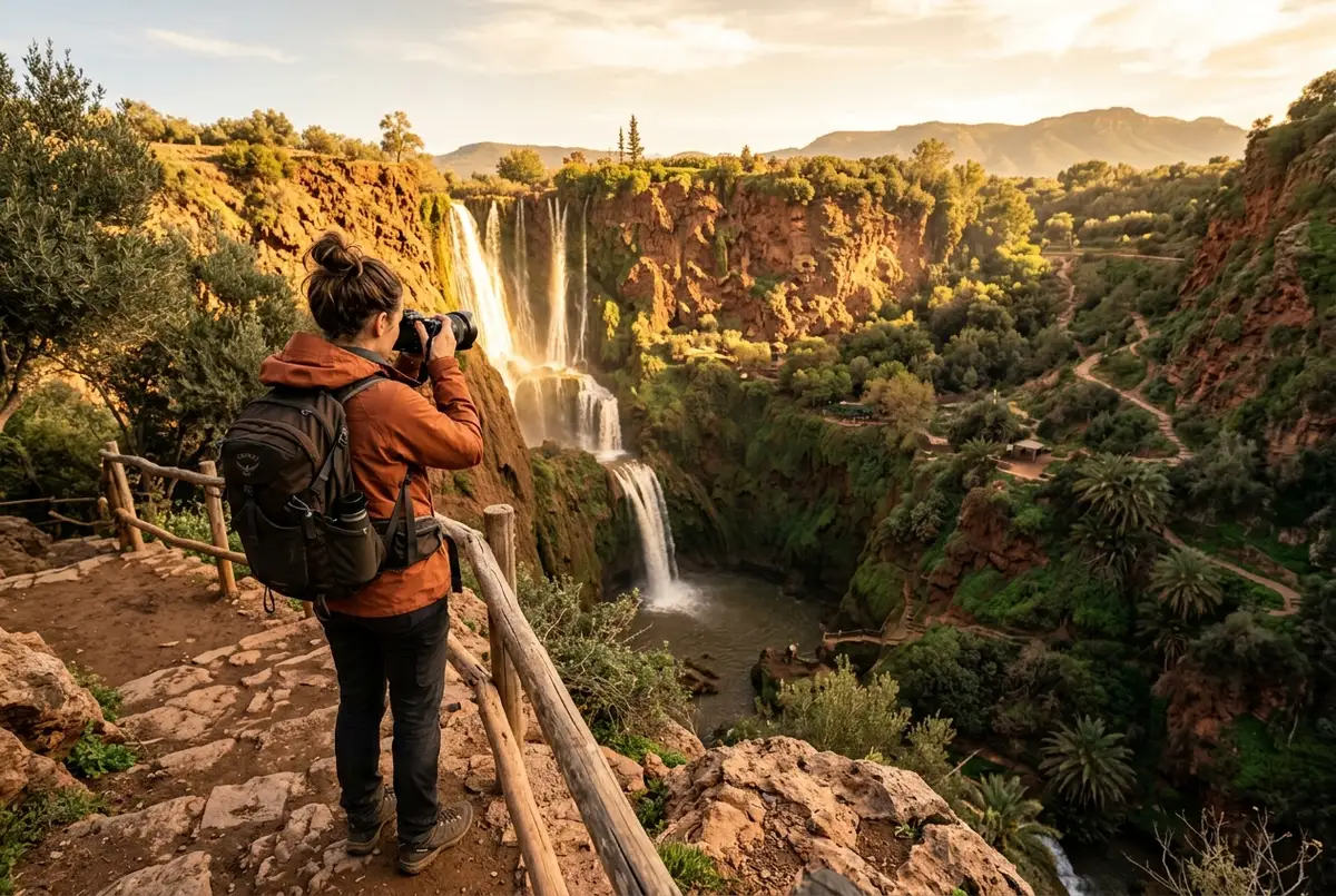 Traveler photographing Ouzoud Waterfalls bathed in warm sunset light from a clifftop viewpoint, empty trail and golden glow on the cascading water
