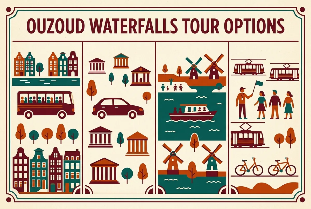 Simple side by side infographic comparing four Ouzoud waterfalls tour formats, small icons for shared bus, private car, boat, and guide, generic labels only