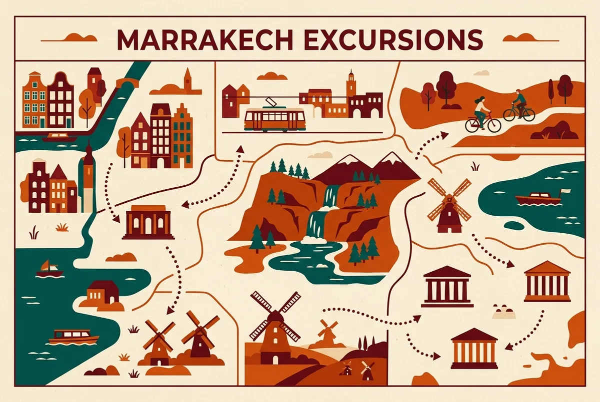 Simple day by day itinerary infographic showing an ouzoud waterfalls excursion paired with other Marrakech day trips across a longer stay, generic icons only