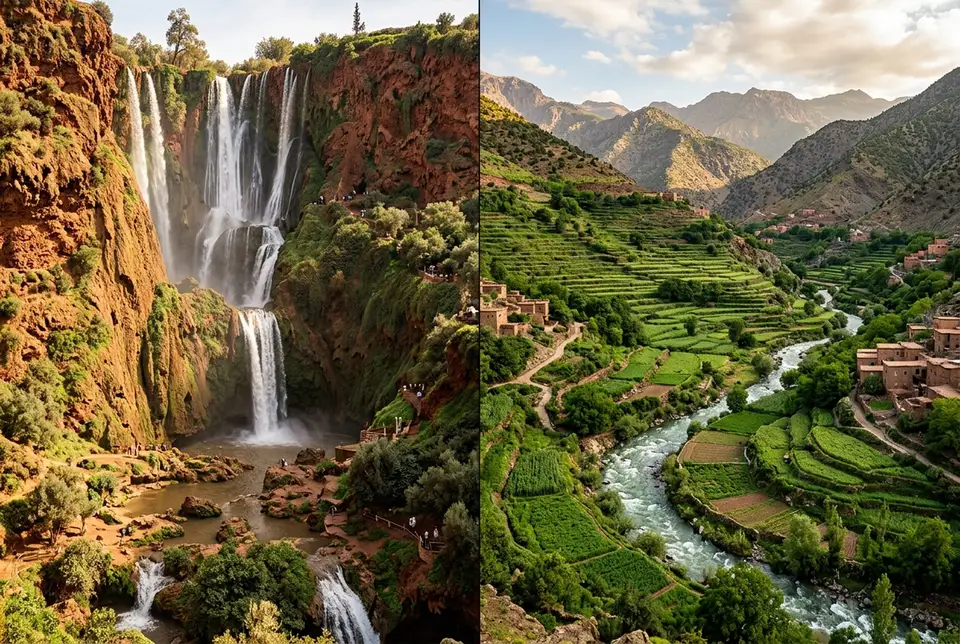Split composition comparing the tall tiered ouzoud waterfalls on one side against the green terraced Ourika valley river on the other under warm afternoon light