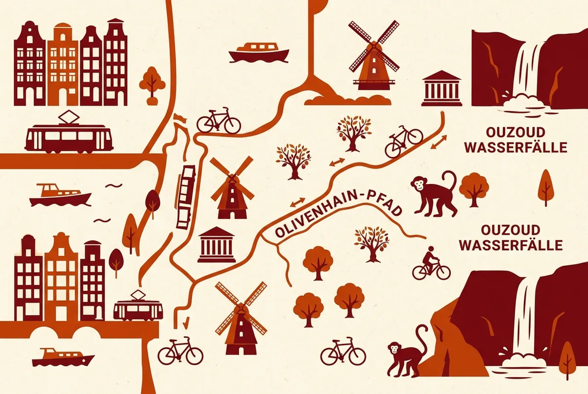 Eenvoudige padkaart illustratie met de beste waarnemingsplekken voor ouzoud watervallen apen en de zwembekkens langs het olijfgaarde pad, alleen generieke iconen
