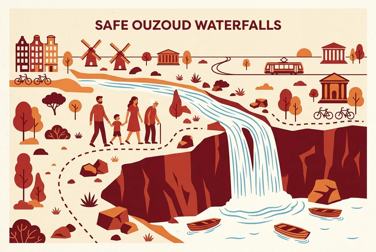 Simple safety diagram showing a family group staying on the marked trail away from cliff edges at ouzoud waterfalls, generic icons only
