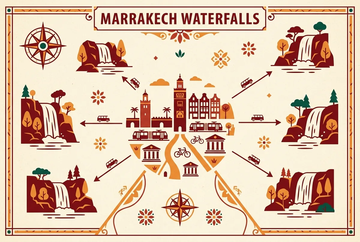 Mapa estilo infografico simples comparando a localizacao de varias cascatas em marrocos perto de marraquexe com etiquetas de distancia genericas