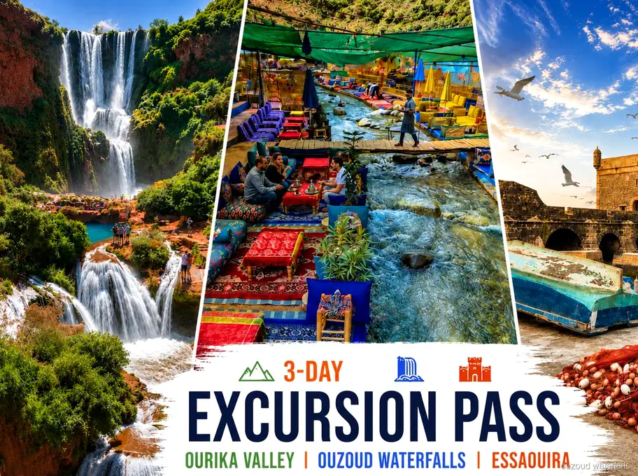 Pase de excursiones de Marrakech que incluye las Cascadas de Ouzoud, el Valle de Ourika y Essaouira